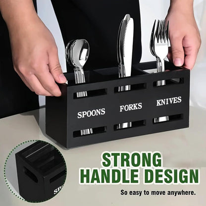 Kitchen Utensil Holder Wooden Cutlery Holder Silverware Containers | Black Utensil Caddy Cutlery Organizer 3 Compartment Tools Organizer for Kitchen Counter Spoons Forks Knives Tools Storage