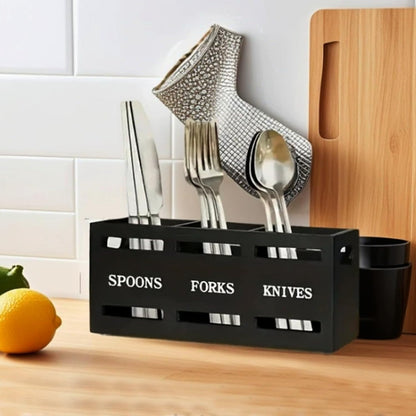 Kitchen Utensil Holder Wooden Cutlery Holder Silverware Containers | Black Utensil Caddy Cutlery Organizer 3 Compartment Tools Organizer for Kitchen Counter Spoons Forks Knives Tools Storage