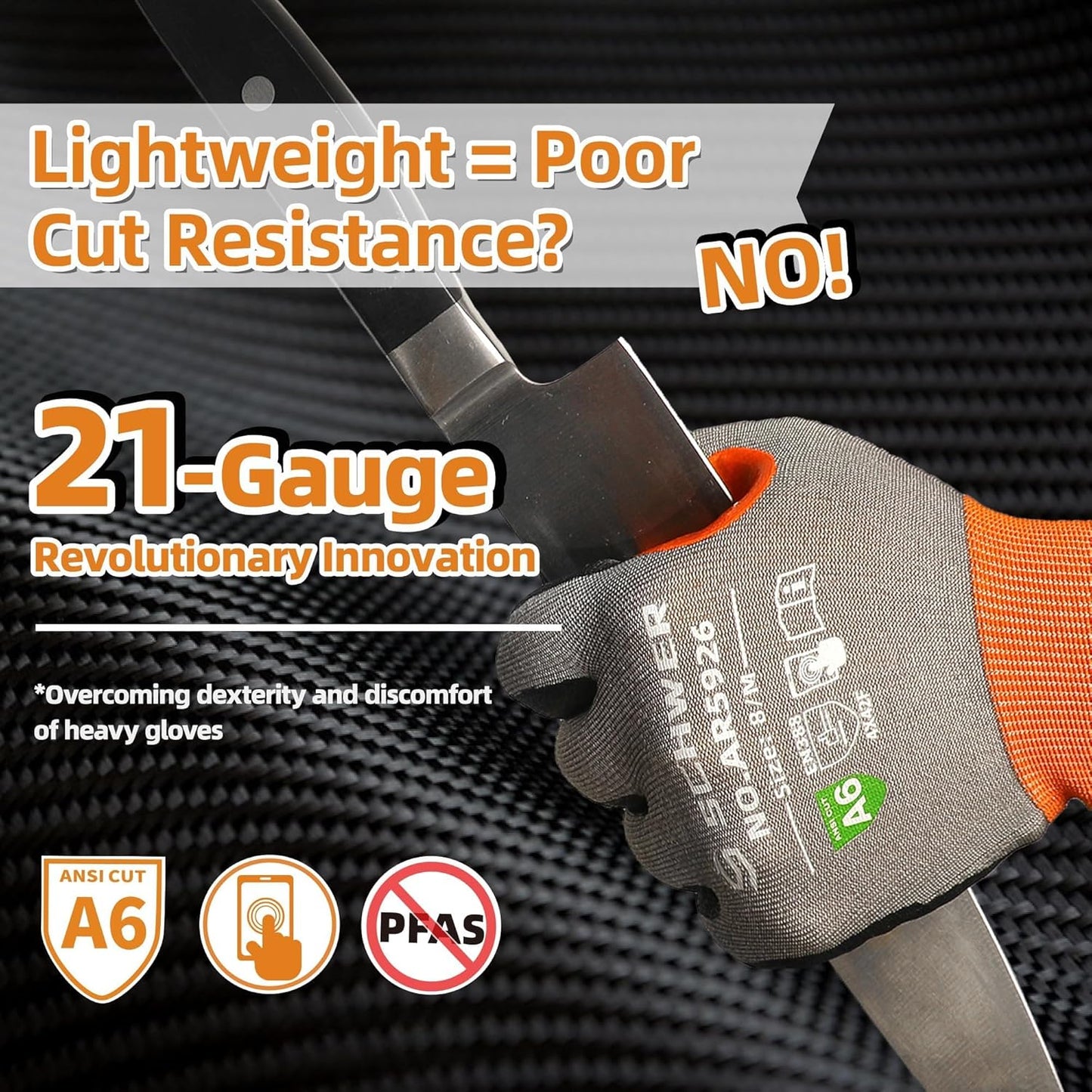 A6 AIR-SKIN Cut Resistant Work Gloves, Comfortable & Breathable, 21-Gauge Seamless Knit Flexible Safety Working Gloves with Grip for Refined Tasks, Touch-screen, 1 Pair, S, AR5926