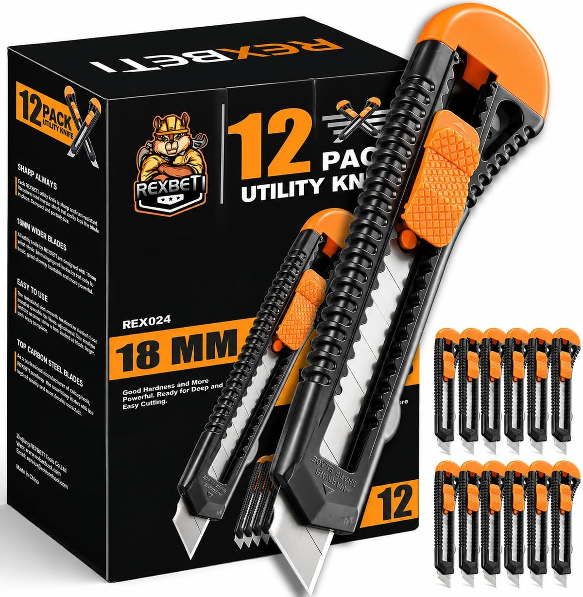 12-Pack Utility Knife, Retractable Box Cutter for Cartons, Cardboard and Boxes, 18mm Wider Razor Sharp Blade, Smooth Mechanism, Perfect for Office and Home use