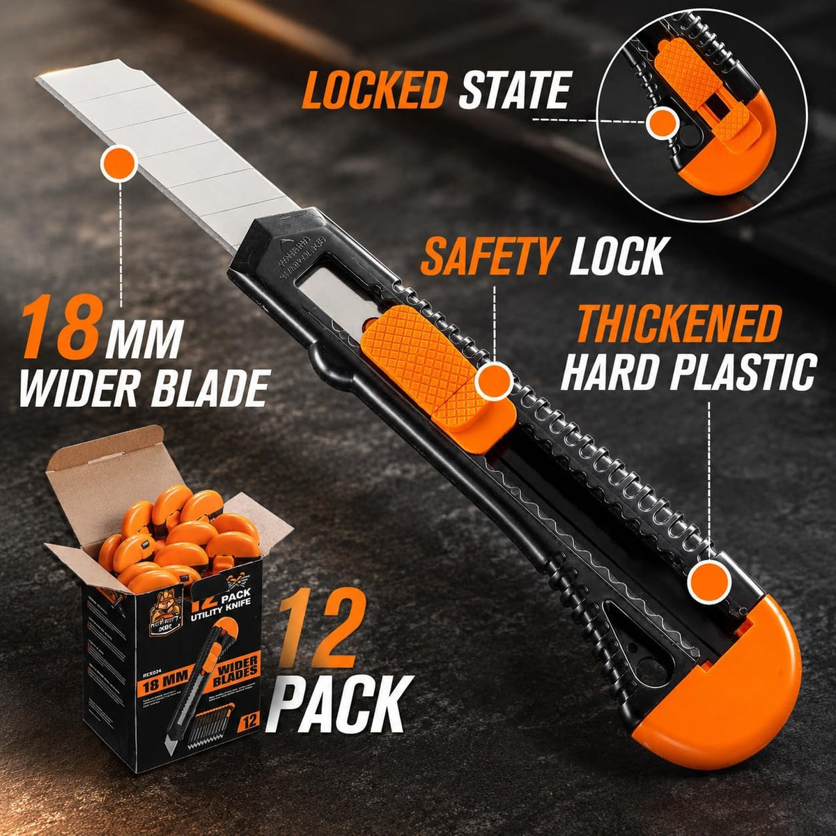 12-Pack Utility Knife, Retractable Box Cutter for Cartons, Cardboard and Boxes, 18mm Wider Razor Sharp Blade, Smooth Mechanism, Perfect for Office and Home use
