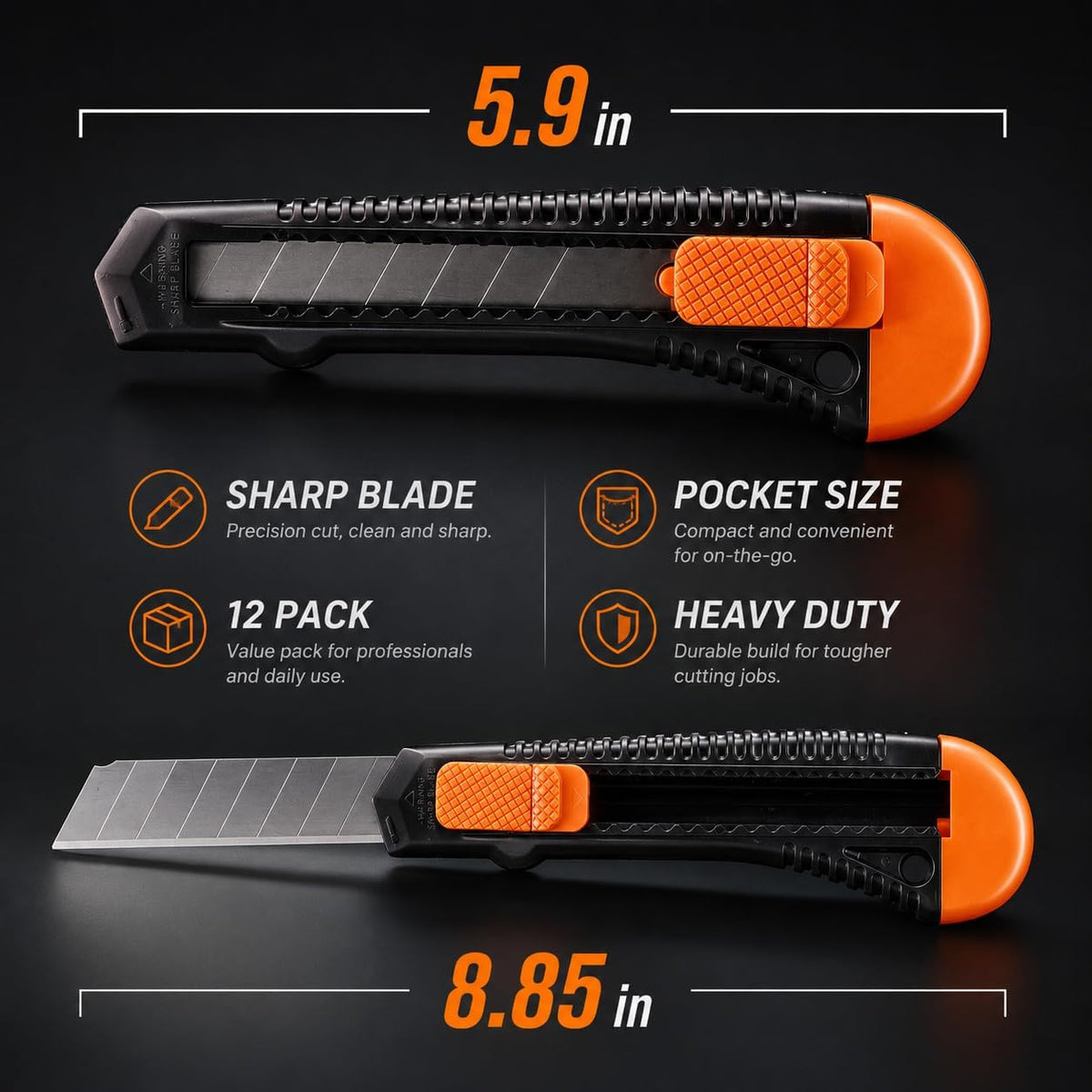 12-Pack Utility Knife, Retractable Box Cutter for Cartons, Cardboard and Boxes, 18mm Wider Razor Sharp Blade, Smooth Mechanism, Perfect for Office and Home use