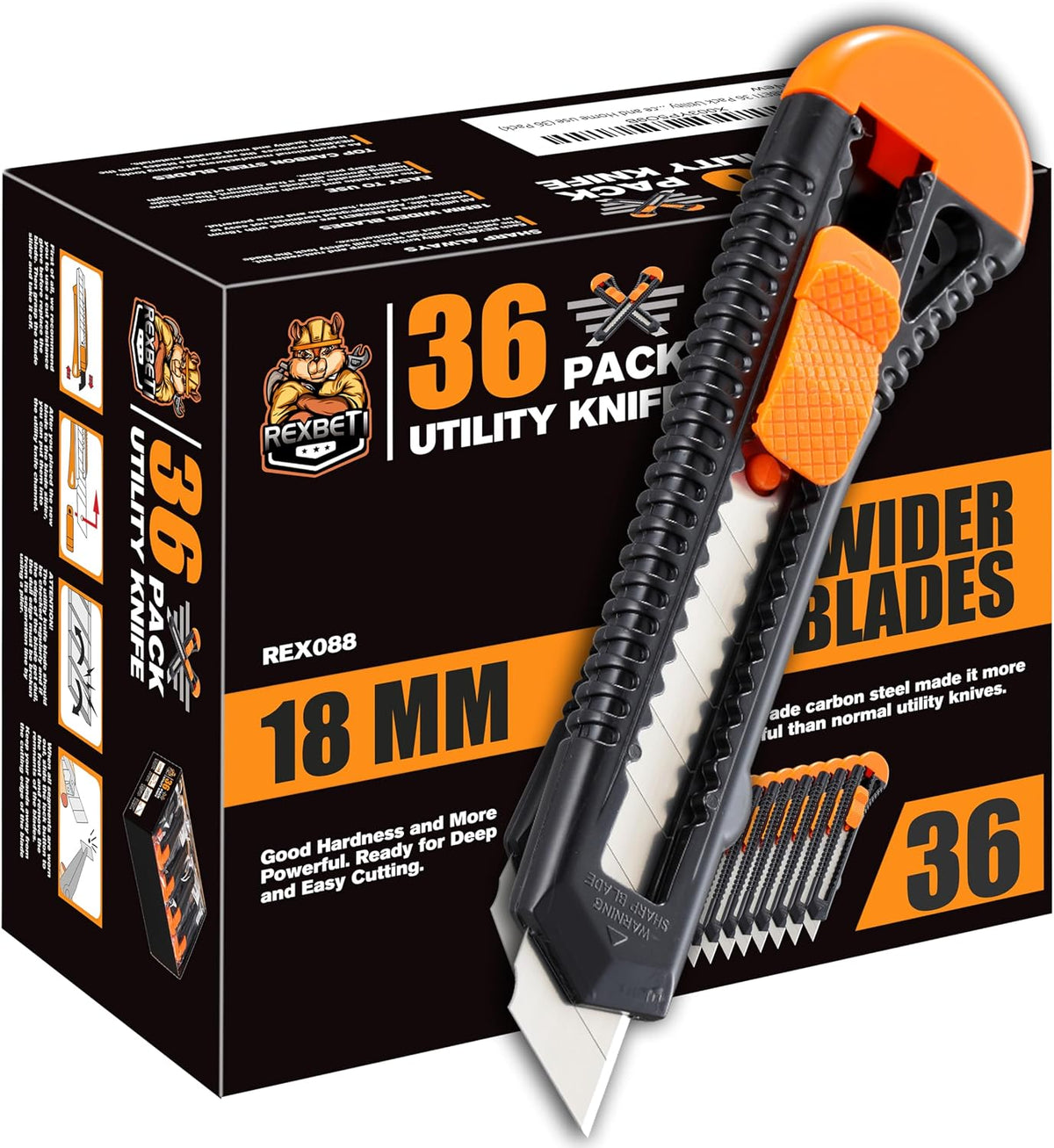 12-Pack Utility Knife, Retractable Box Cutter for Cartons, Cardboard and Boxes, 18mm Wider Razor Sharp Blade, Smooth Mechanism, Perfect for Office and Home use