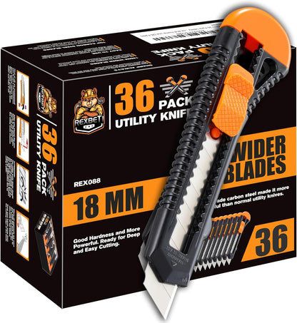 12-Pack Utility Knife, Retractable Box Cutter for Cartons, Cardboard and Boxes, 18mm Wider Razor Sharp Blade, Smooth Mechanism, Perfect for Office and Home use