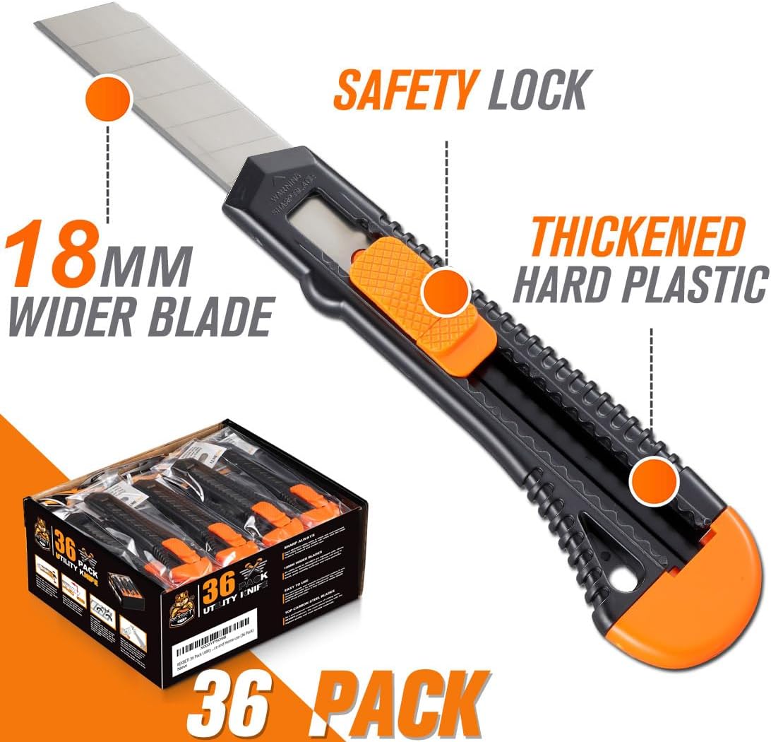 12-Pack Utility Knife, Retractable Box Cutter for Cartons, Cardboard and Boxes, 18mm Wider Razor Sharp Blade, Smooth Mechanism, Perfect for Office and Home use
