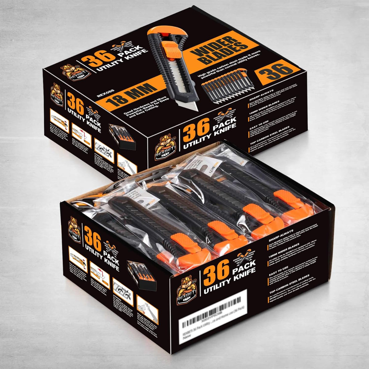 12-Pack Utility Knife, Retractable Box Cutter for Cartons, Cardboard and Boxes, 18mm Wider Razor Sharp Blade, Smooth Mechanism, Perfect for Office and Home use