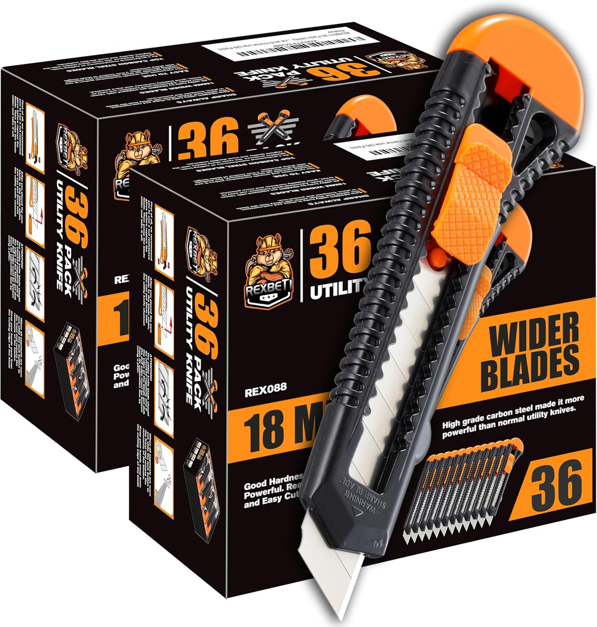 12-Pack Utility Knife, Retractable Box Cutter for Cartons, Cardboard and Boxes, 18mm Wider Razor Sharp Blade, Smooth Mechanism, Perfect for Office and Home use