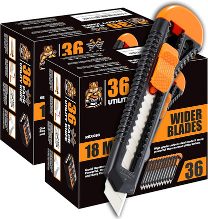 12-Pack Utility Knife, Retractable Box Cutter for Cartons, Cardboard and Boxes, 18mm Wider Razor Sharp Blade, Smooth Mechanism, Perfect for Office and Home use