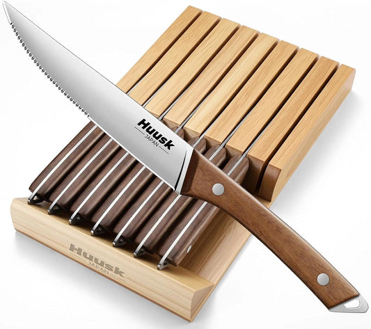 Huusk Steak Knives Set of 8 with Wood Block, Serrated & Straight Dual-Edge | Drawer Organizer Included,Wood Full Tang Handle, Japanese Stainless Steel, Steaks Knives with Holder, Homewarming Gift Idea