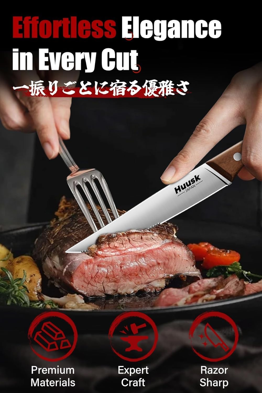 Huusk Steak Knives Set of 8 with Wood Block, Serrated & Straight Dual-Edge | Drawer Organizer Included,Wood Full Tang Handle, Japanese Stainless Steel, Steaks Knives with Holder, Homewarming Gift Idea