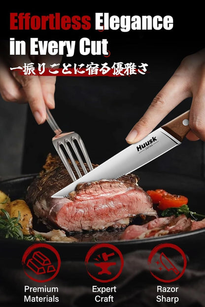 Huusk Steak Knives Set of 8 with Wood Block, Serrated & Straight Dual-Edge | Drawer Organizer Included,Wood Full Tang Handle, Japanese Stainless Steel, Steaks Knives with Holder, Homewarming Gift Idea
