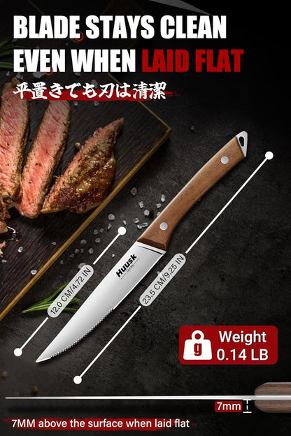 Huusk Steak Knives Set of 8 with Wood Block, Serrated & Straight Dual-Edge | Drawer Organizer Included,Wood Full Tang Handle, Japanese Stainless Steel, Steaks Knives with Holder, Homewarming Gift Idea