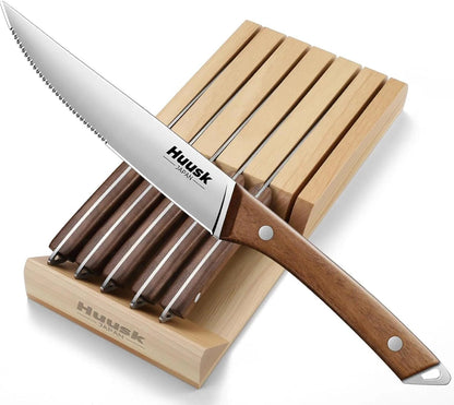 Huusk Steak Knives Set of 8 with Wood Block, Serrated & Straight Dual-Edge | Drawer Organizer Included,Wood Full Tang Handle, Japanese Stainless Steel, Steaks Knives with Holder, Homewarming Gift Idea
