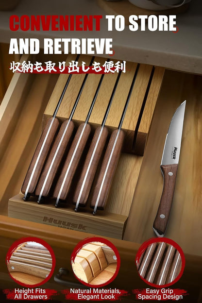 Huusk Steak Knives Set of 8 with Wood Block, Serrated & Straight Dual-Edge | Drawer Organizer Included,Wood Full Tang Handle, Japanese Stainless Steel, Steaks Knives with Holder, Homewarming Gift Idea