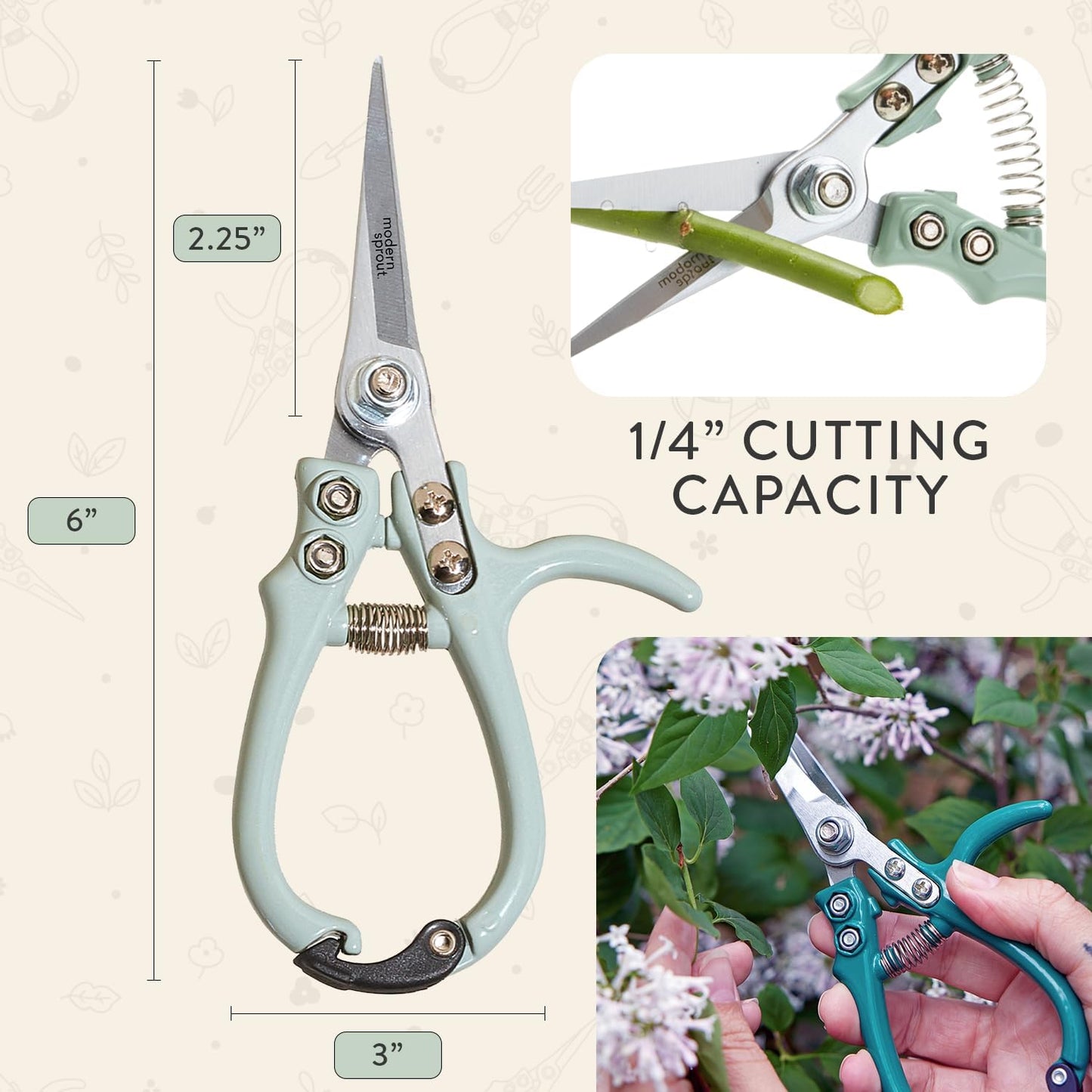 Bypass Hand Pruners - Scissors - Gardening Tools - Sage | Lightweight Pruning Tool W/ Easy-Lock - Sharp Bypass Carbon Steel Blade - Rust-Resistant - Reusable Holster for Storage