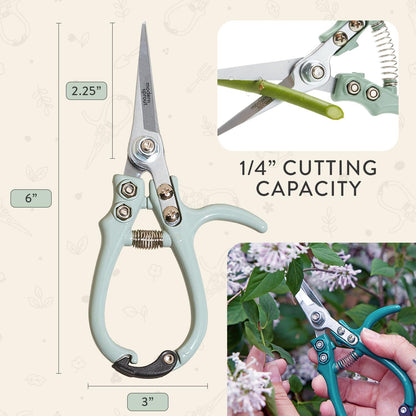Bypass Hand Pruners - Scissors - Gardening Tools - Sage | Lightweight Pruning Tool W/ Easy-Lock - Sharp Bypass Carbon Steel Blade - Rust-Resistant - Reusable Holster for Storage