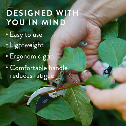 Bypass Hand Pruners - Scissors - Gardening Tools - Sage | Lightweight Pruning Tool W/ Easy-Lock - Sharp Bypass Carbon Steel Blade - Rust-Resistant - Reusable Holster for Storage