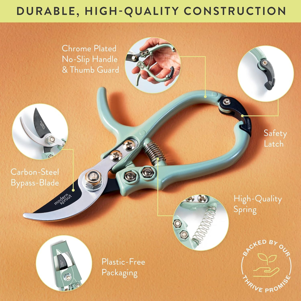 Bypass Hand Pruners - Scissors - Gardening Tools - Sage | Lightweight Pruning Tool W/ Easy-Lock - Sharp Bypass Carbon Steel Blade - Rust-Resistant - Reusable Holster for Storage