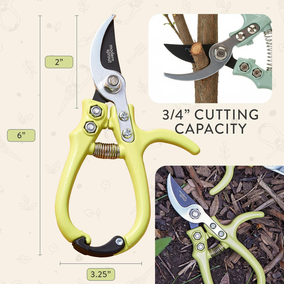 Bypass Hand Pruners - Scissors - Gardening Tools - Sage | Lightweight Pruning Tool W/ Easy-Lock - Sharp Bypass Carbon Steel Blade - Rust-Resistant - Reusable Holster for Storage