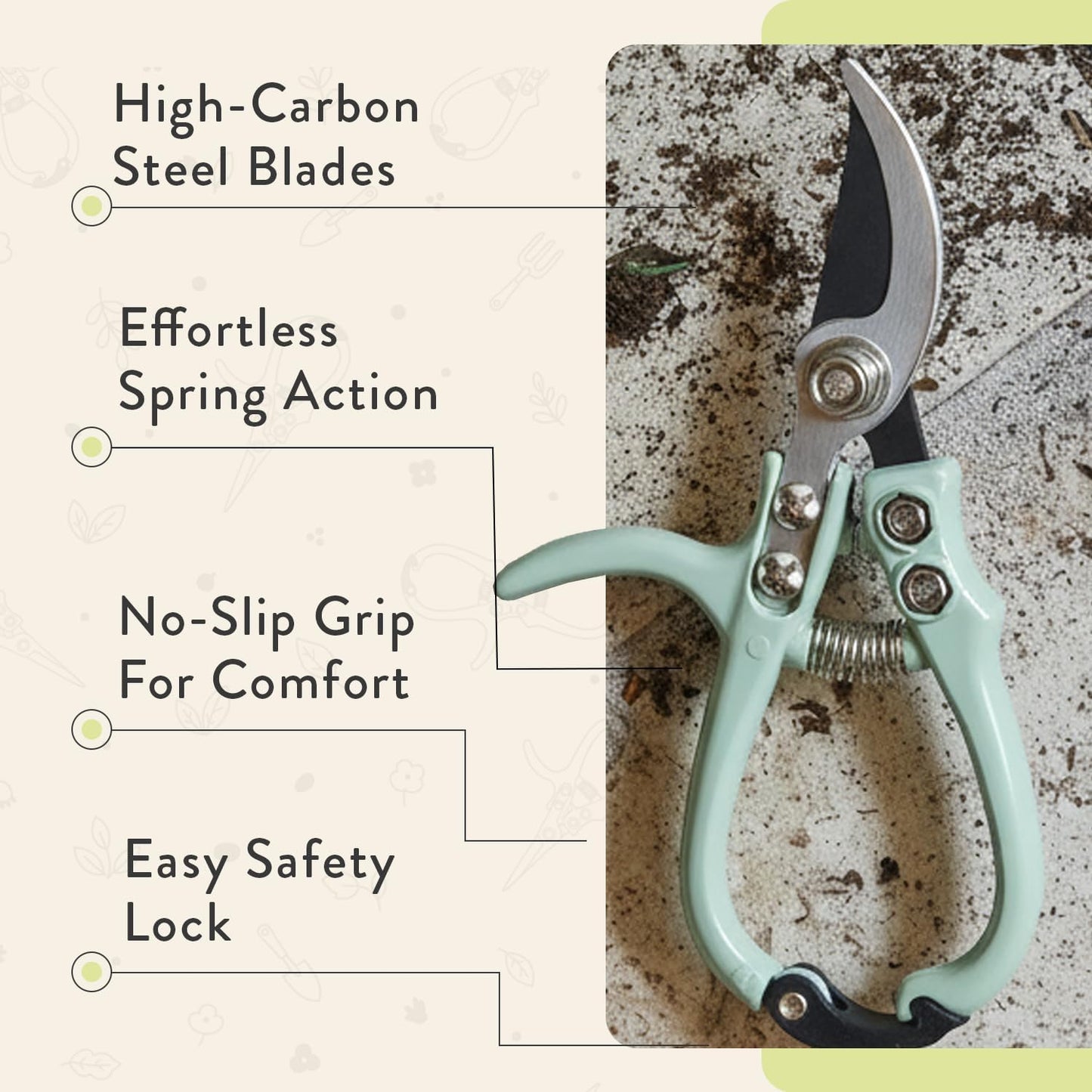 Bypass Hand Pruners - Scissors - Gardening Tools - Sage | Lightweight Pruning Tool W/ Easy-Lock - Sharp Bypass Carbon Steel Blade - Rust-Resistant - Reusable Holster for Storage