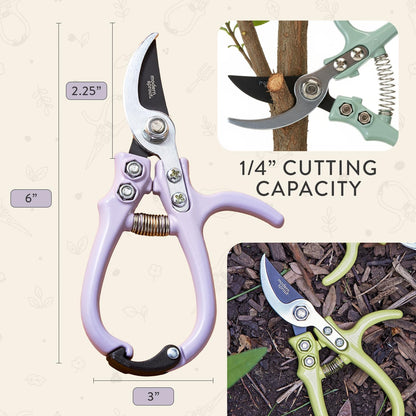 Bypass Hand Pruners - Scissors - Gardening Tools - Sage | Lightweight Pruning Tool W/ Easy-Lock - Sharp Bypass Carbon Steel Blade - Rust-Resistant - Reusable Holster for Storage
