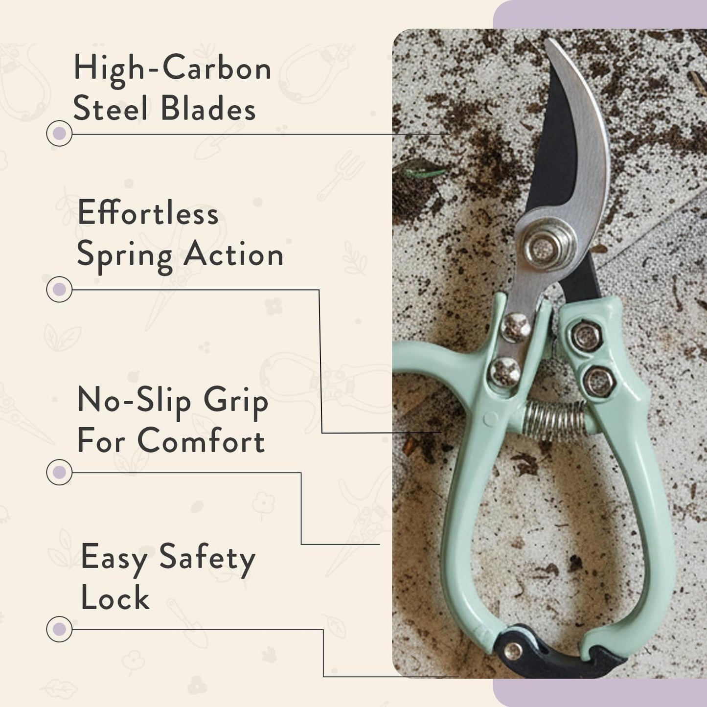 Bypass Hand Pruners - Scissors - Gardening Tools - Sage | Lightweight Pruning Tool W/ Easy-Lock - Sharp Bypass Carbon Steel Blade - Rust-Resistant - Reusable Holster for Storage