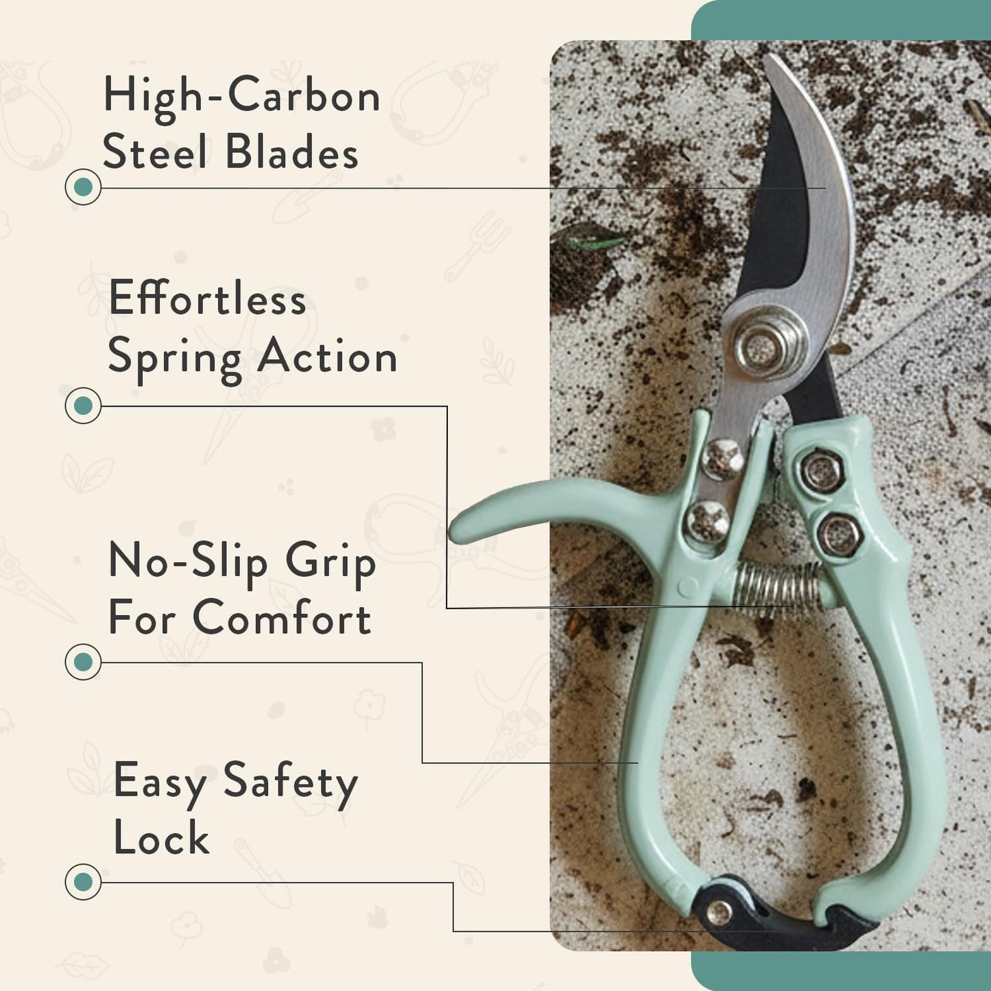 Bypass Hand Pruners - Scissors - Gardening Tools - Sage | Lightweight Pruning Tool W/ Easy-Lock - Sharp Bypass Carbon Steel Blade - Rust-Resistant - Reusable Holster for Storage