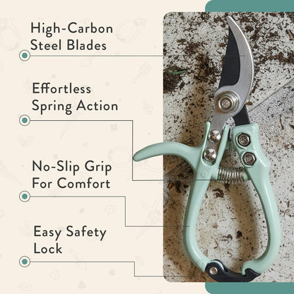 Bypass Hand Pruners - Scissors - Gardening Tools - Sage | Lightweight Pruning Tool W/ Easy-Lock - Sharp Bypass Carbon Steel Blade - Rust-Resistant - Reusable Holster for Storage