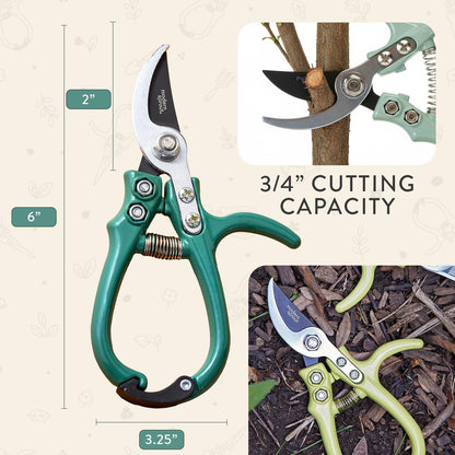 Bypass Hand Pruners - Scissors - Gardening Tools - Sage | Lightweight Pruning Tool W/ Easy-Lock - Sharp Bypass Carbon Steel Blade - Rust-Resistant - Reusable Holster for Storage