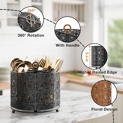 360° Rotating Utensil Caddy Countertop - Cutlery Silverware Caddy Holder with 4 Compartment - Higher Raised Flatware Organizer with Handle for Party Kitchen Counter Office Black