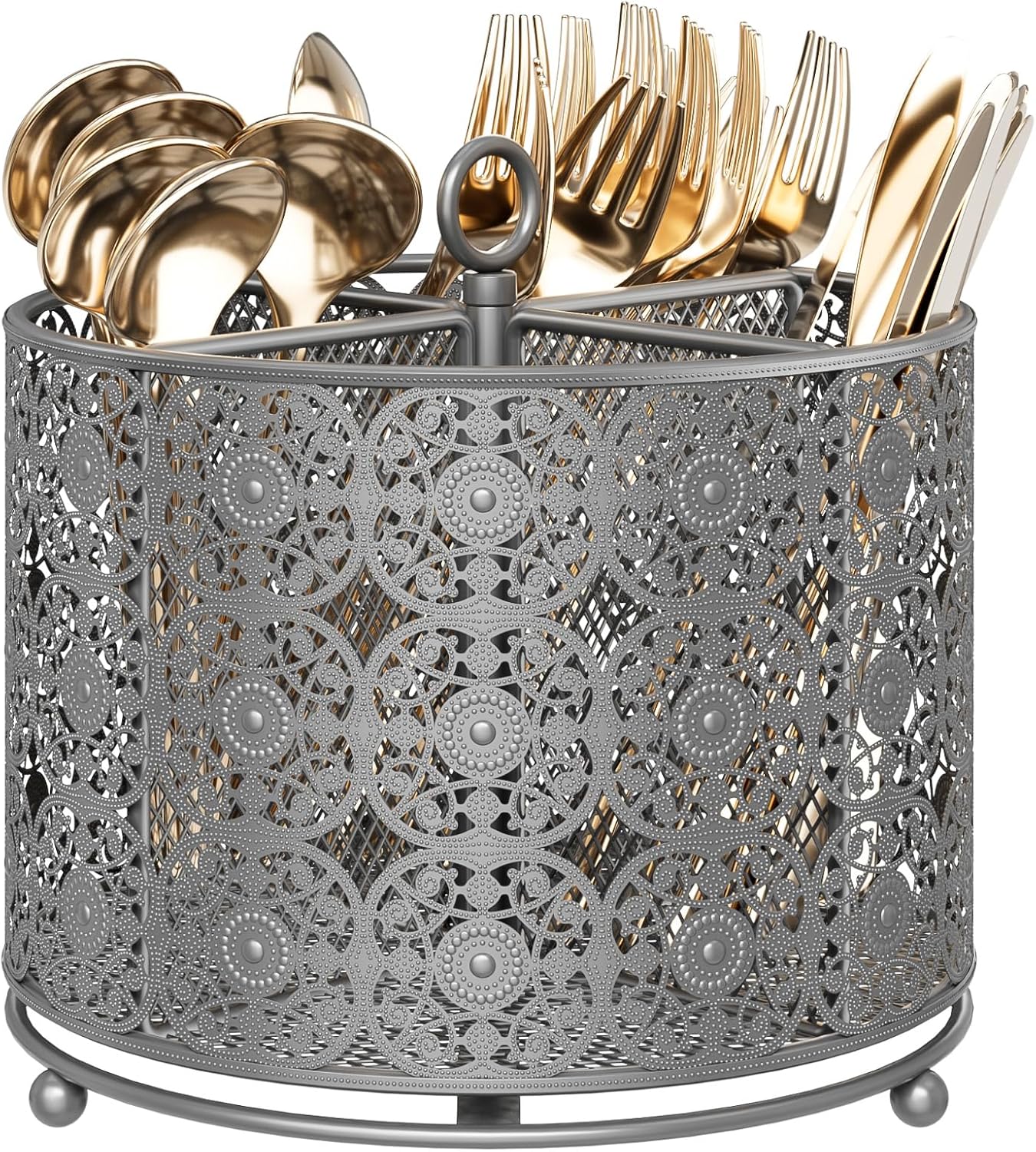 360° Rotating Utensil Caddy Countertop - Cutlery Silverware Caddy Holder with 4 Compartment - Higher Raised Flatware Organizer with Handle for Party Kitchen Counter Office Black
