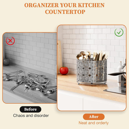 360° Rotating Utensil Caddy Countertop - Cutlery Silverware Caddy Holder with 4 Compartment - Higher Raised Flatware Organizer with Handle for Party Kitchen Counter Office Black