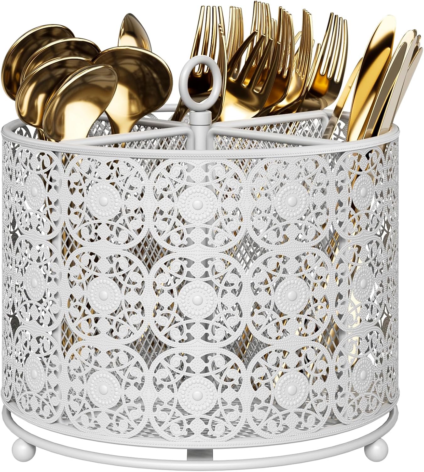 360° Rotating Utensil Caddy Countertop - Cutlery Silverware Caddy Holder with 4 Compartment - Higher Raised Flatware Organizer with Handle for Party Kitchen Counter Office Black