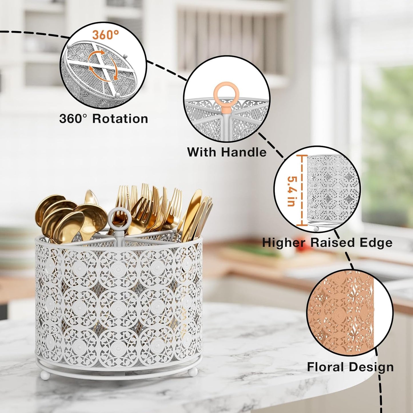 360° Rotating Utensil Caddy Countertop - Cutlery Silverware Caddy Holder with 4 Compartment - Higher Raised Flatware Organizer with Handle for Party Kitchen Counter Office Black