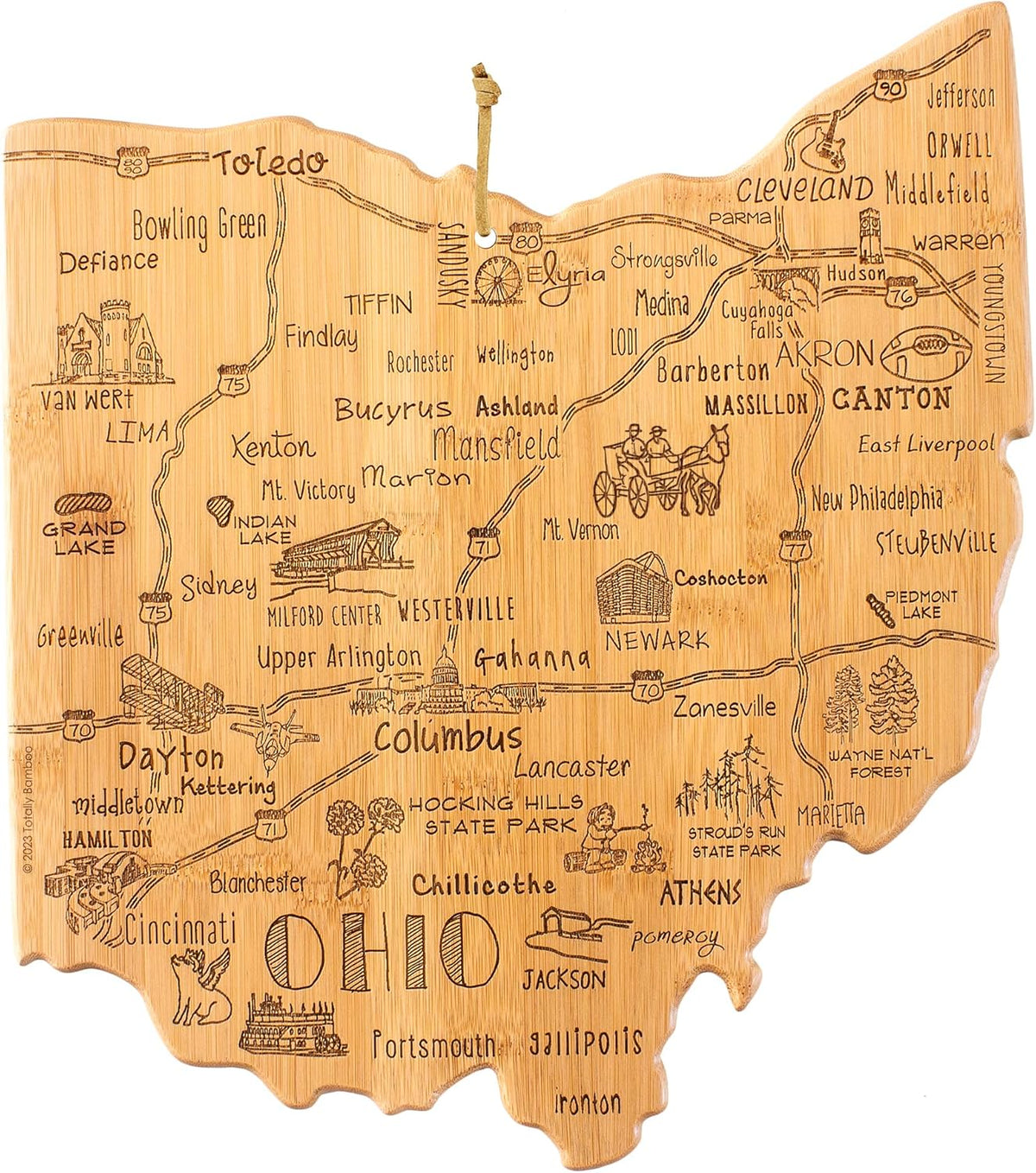 Destination Ohio State Shaped Cutting Board | State charcuterie serving board with engraved map artwork. Smooth reverse side for food prep. Hang tie for wall display.