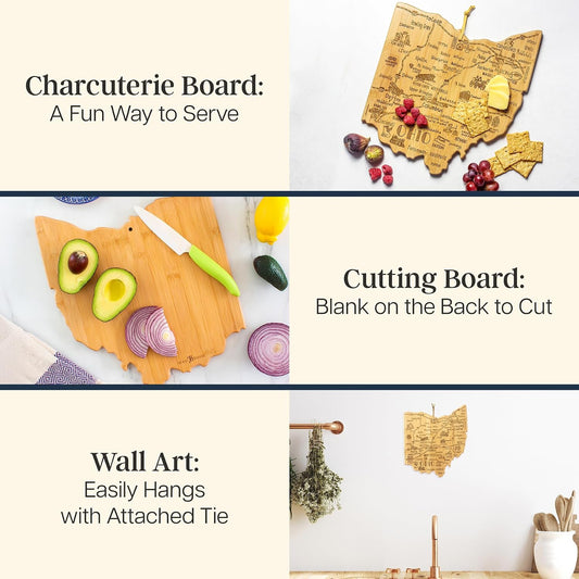 Destination Ohio State Shaped Cutting Board | State charcuterie serving board with engraved map artwork. Smooth reverse side for food prep. Hang tie for wall display.