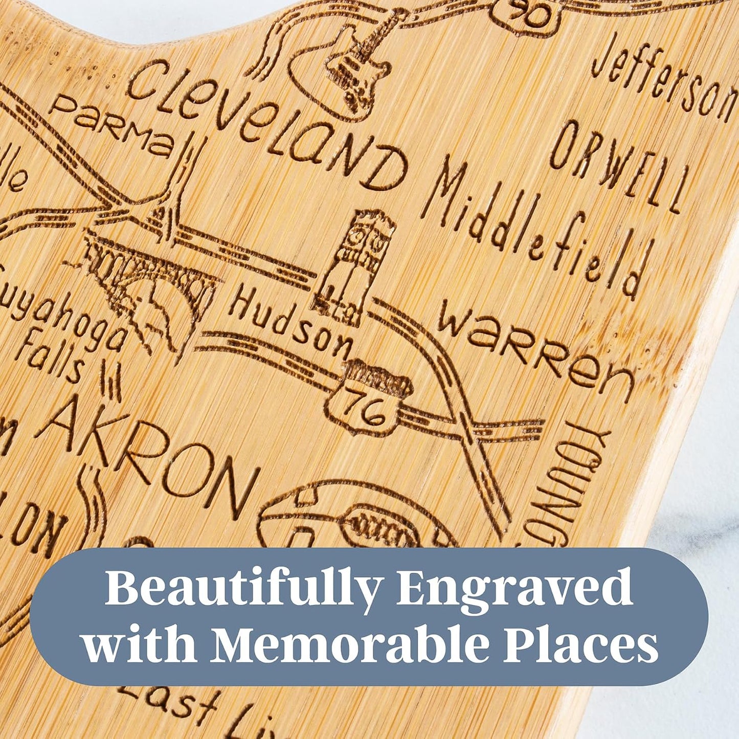Destination Ohio State Shaped Cutting Board | State charcuterie serving board with engraved map artwork. Smooth reverse side for food prep. Hang tie for wall display.