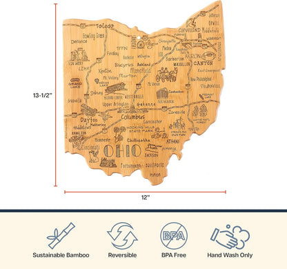 Destination Ohio State Shaped Cutting Board | State charcuterie serving board with engraved map artwork. Smooth reverse side for food prep. Hang tie for wall display.