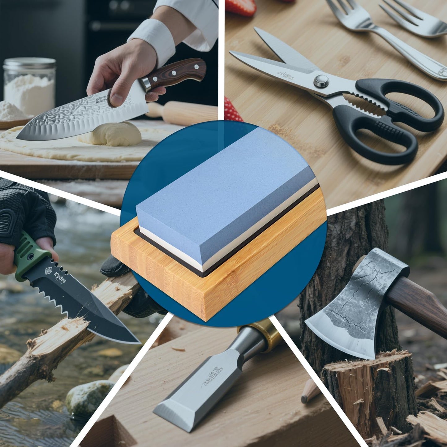 Knife Sharpening Stone 1000/6000 Grit Whetstone with Non-Slip Rubber Bamboo Base and Angle Guide for Kitchen, Hunting and Pocket Knives