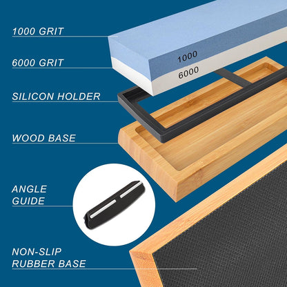 Knife Sharpening Stone 1000/6000 Grit Whetstone with Non-Slip Rubber Bamboo Base and Angle Guide for Kitchen, Hunting and Pocket Knives