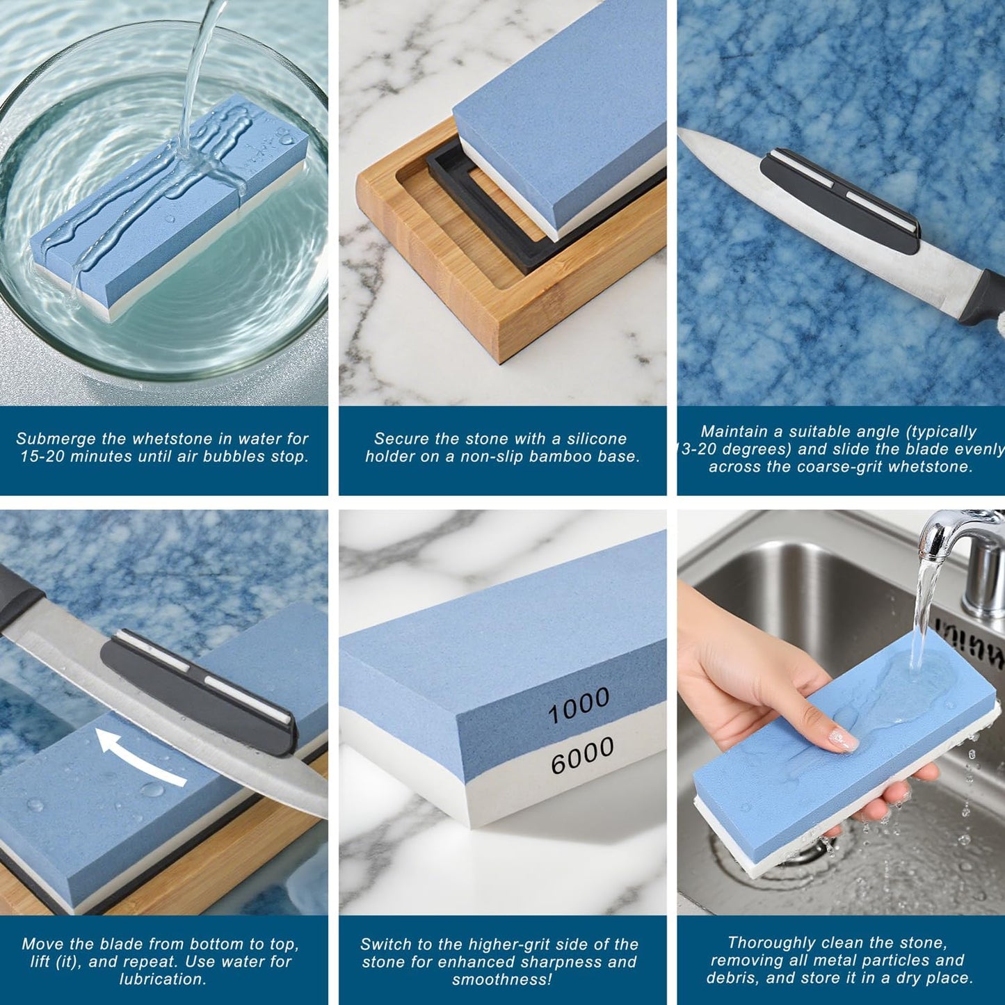 Knife Sharpening Stone 1000/6000 Grit Whetstone with Non-Slip Rubber Bamboo Base and Angle Guide for Kitchen, Hunting and Pocket Knives