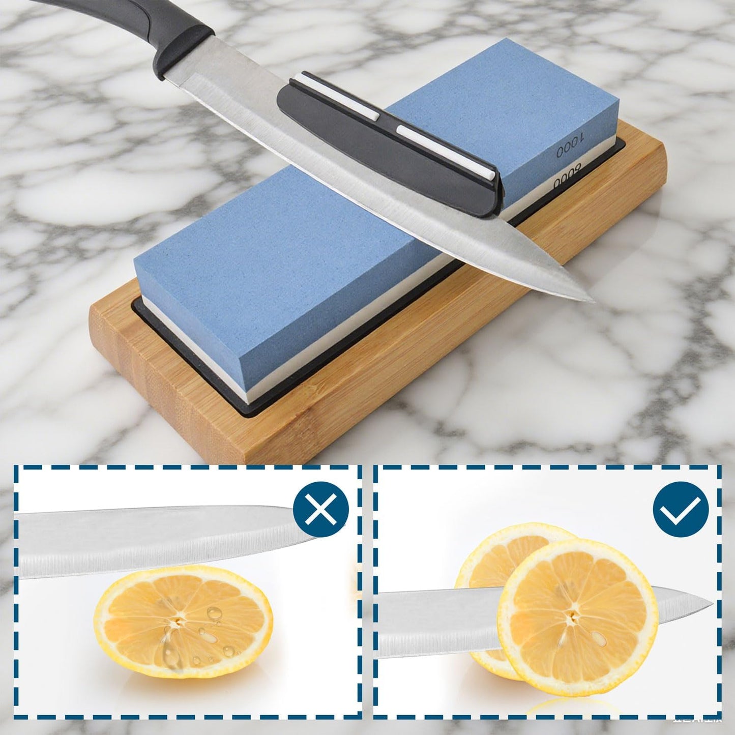 Knife Sharpening Stone 1000/6000 Grit Whetstone with Non-Slip Rubber Bamboo Base and Angle Guide for Kitchen, Hunting and Pocket Knives