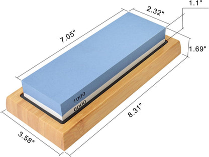 Knife Sharpening Stone 1000/6000 Grit Whetstone with Non-Slip Rubber Bamboo Base and Angle Guide for Kitchen, Hunting and Pocket Knives