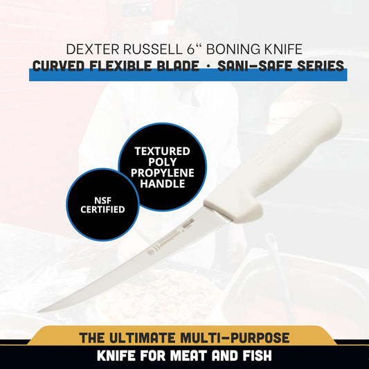 1483 Boning Knife, 6" Flexible Curved High Carbon Stain-Free Steel Blade, Textured Non-Slip White Polypropylene Handle, Professional Butcher and Fillet Knife, Made in USA, NSF Certified