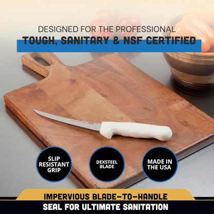1483 Boning Knife, 6" Flexible Curved High Carbon Stain-Free Steel Blade, Textured Non-Slip White Polypropylene Handle, Professional Butcher and Fillet Knife, Made in USA, NSF Certified