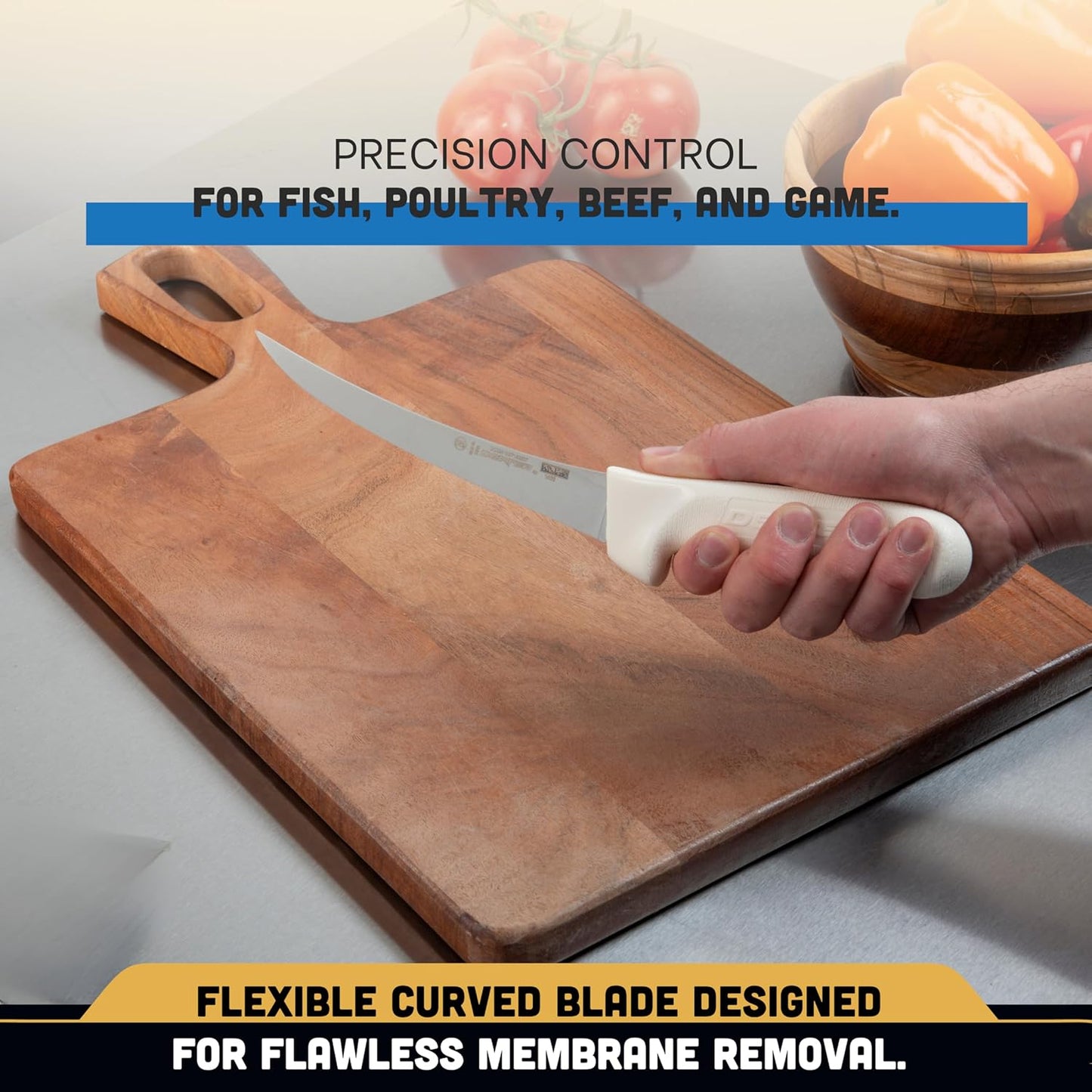 1483 Boning Knife, 6" Flexible Curved High Carbon Stain-Free Steel Blade, Textured Non-Slip White Polypropylene Handle, Professional Butcher and Fillet Knife, Made in USA, NSF Certified