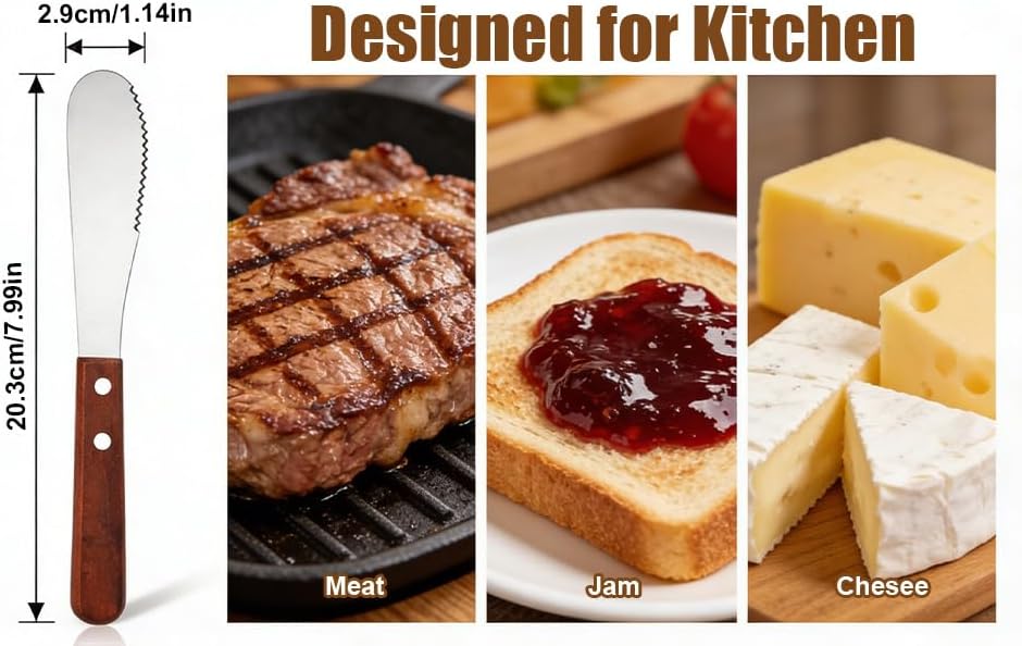 2 Pcs Butter Knife Spreader, Wide Stainless Steel Butter Knife Ergonomic Kitchen Sandwich & Cheese Spreaders for Cream Cheese & Jams, Wood Handle (Brown, 7.99 In)