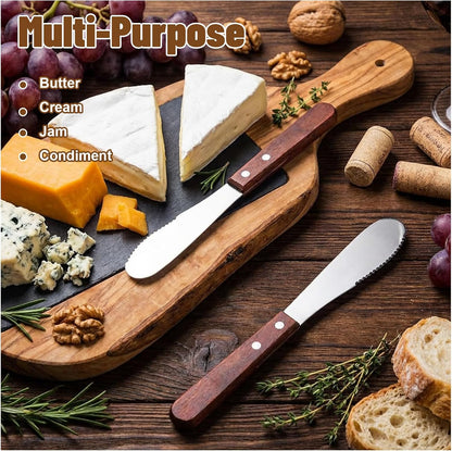 2 Pcs Butter Knife Spreader, Wide Stainless Steel Butter Knife Ergonomic Kitchen Sandwich & Cheese Spreaders for Cream Cheese & Jams, Wood Handle (Brown, 7.99 In)