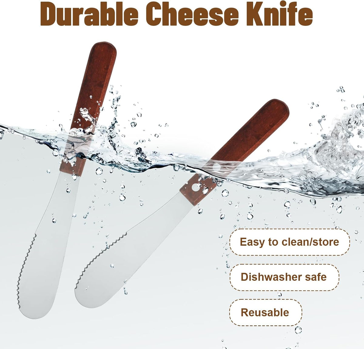 2 Pcs Butter Knife Spreader, Wide Stainless Steel Butter Knife Ergonomic Kitchen Sandwich & Cheese Spreaders for Cream Cheese & Jams, Wood Handle (Brown, 7.99 In)