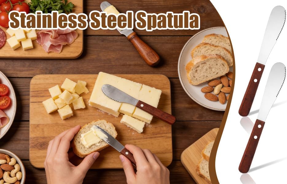 2 Pcs Butter Knife Spreader, Wide Stainless Steel Butter Knife Ergonomic Kitchen Sandwich & Cheese Spreaders for Cream Cheese & Jams, Wood Handle (Brown, 7.99 In)